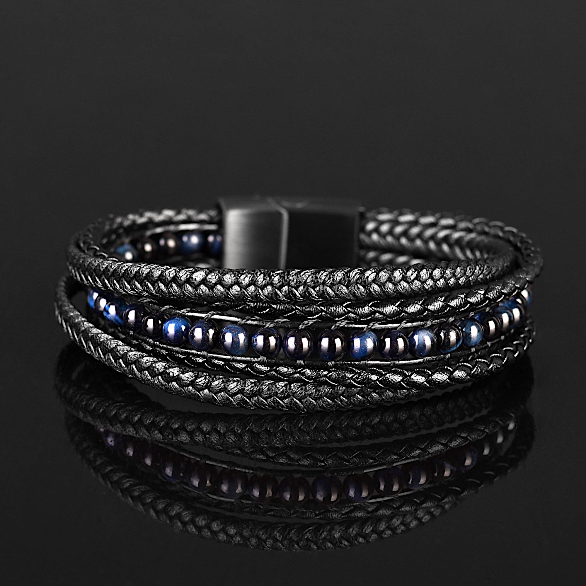 Blueeye - Multi-layer leather bracelet with blue tiger-eye beads & genuine leather cords