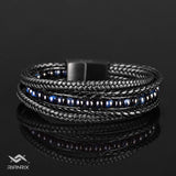 Blueeye - Multi-layer leather bracelet with blue tiger-eye beads & genuine leather cords