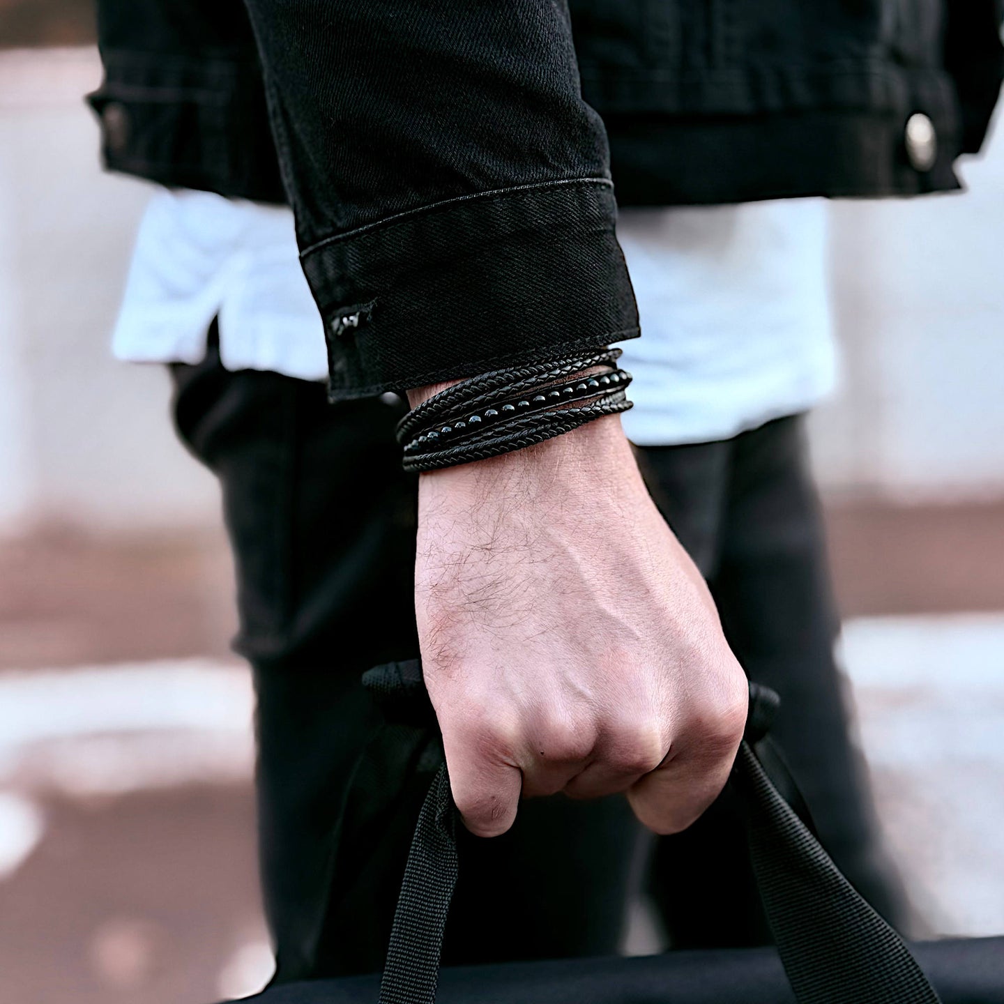 Blueeye - Multi-layer leather bracelet with blue tiger-eye beads & genuine leather cords