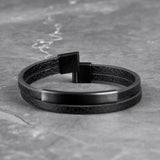 Multi-layer leather bracelet with black matte tube and black 316L stainless steel clasp, front view