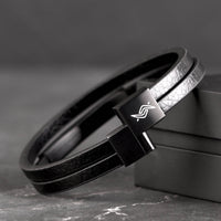 Multi-layer leather bracelet with black matte tube and black 316L stainless steel clasp, back view