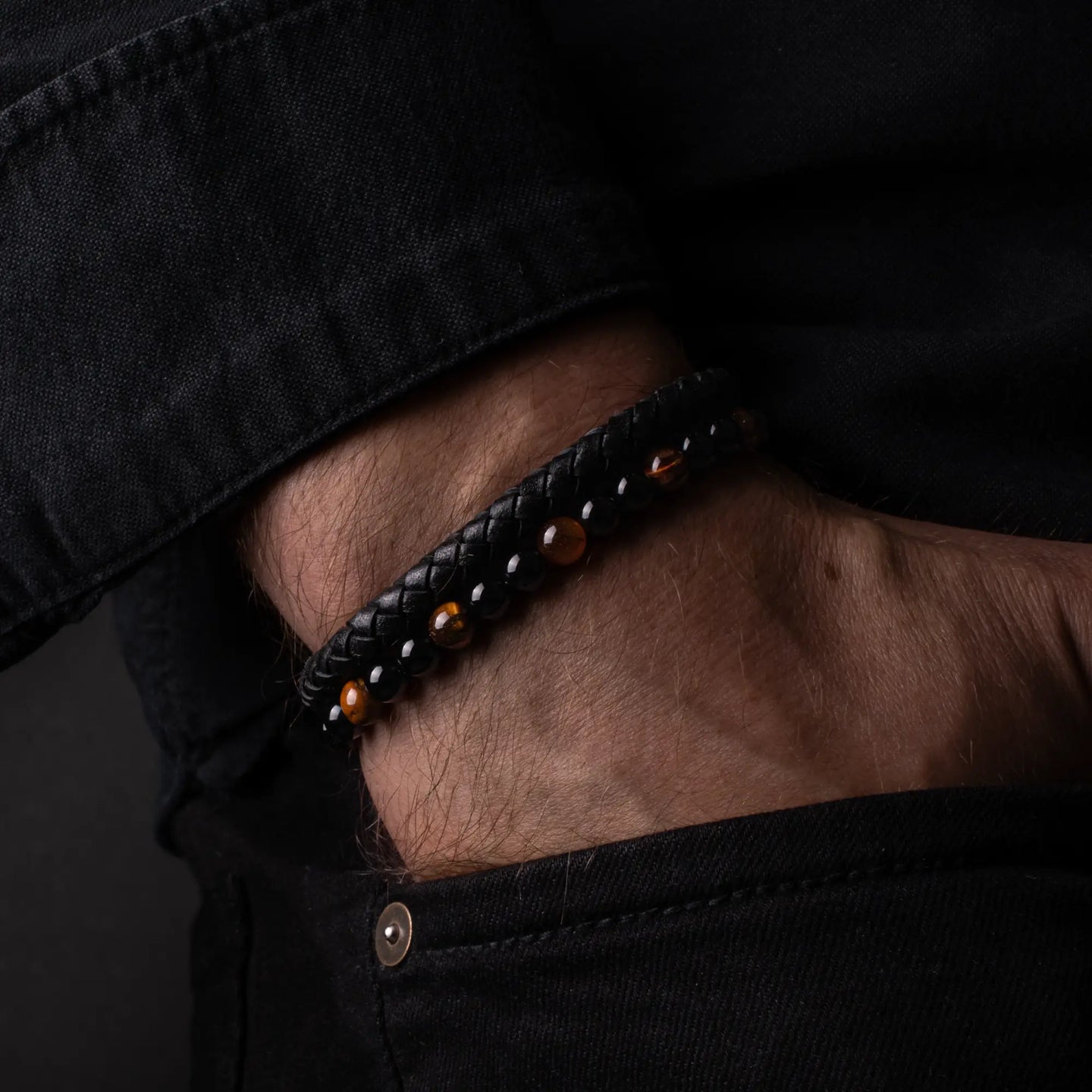 Daniel - Leather bracelet with yellow tiger-eye beads