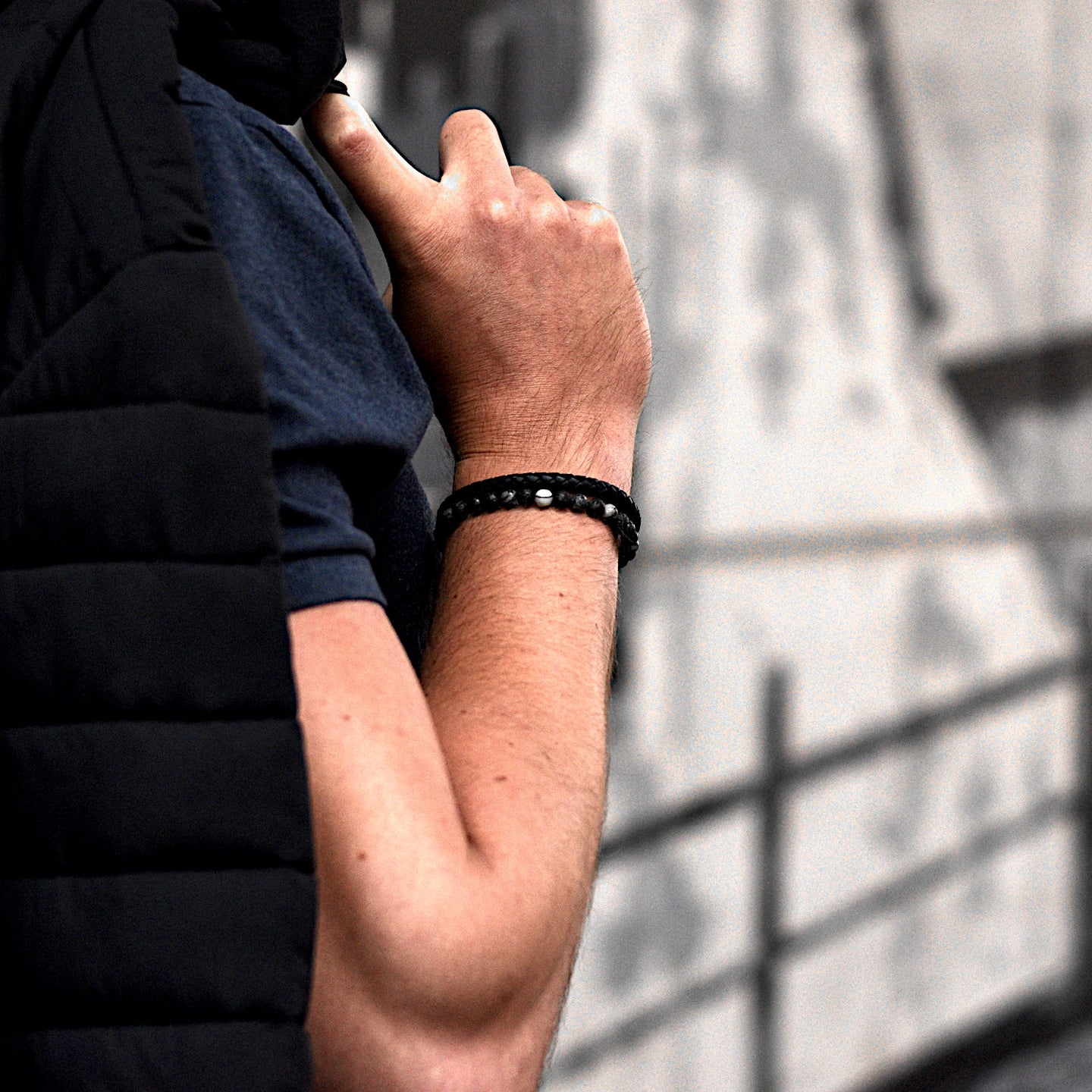 Dave - Genuine leather bracelet with lava & spiderweb beads, fashion picture wearing bracelet