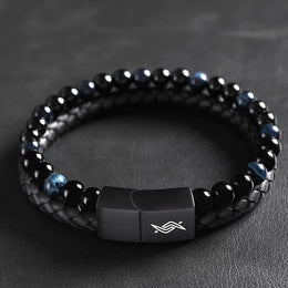 Eclipse - Leather bracelet with blue tiger-eye beads