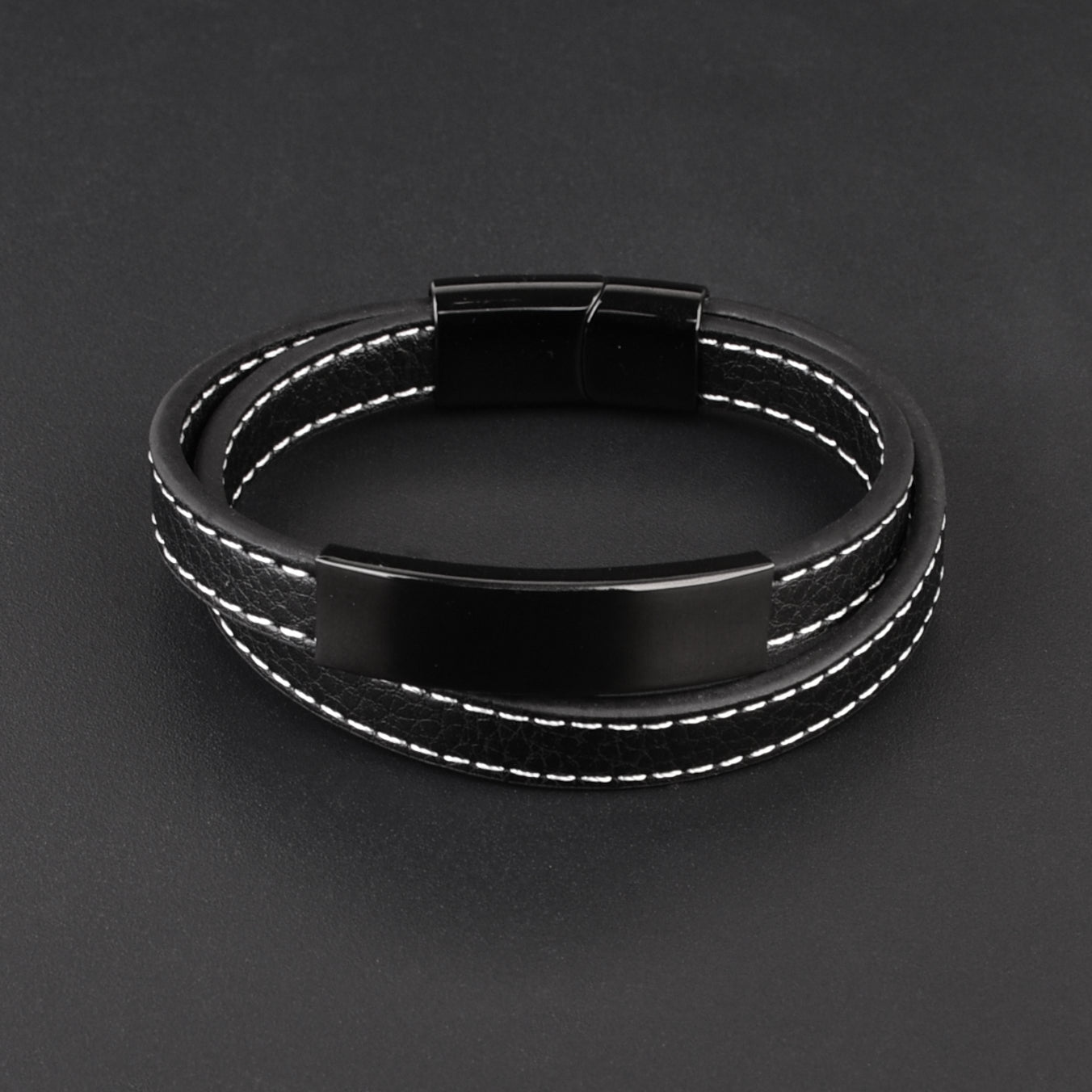 Interwoven leather bracelet with white seam, black glossy tube and black 316L stainless steel clasp