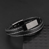 Interwoven leather bracelet with white seam, black glossy tube and black 316L stainless steel clasp