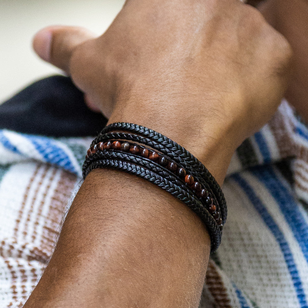 Matt - Multi-layer leather bracelet with red-tiger eye beads & genuine leather cords, fashion picture close up