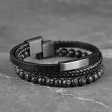 Zane - Multi-layer leather bracelet with lava beads, front side close up