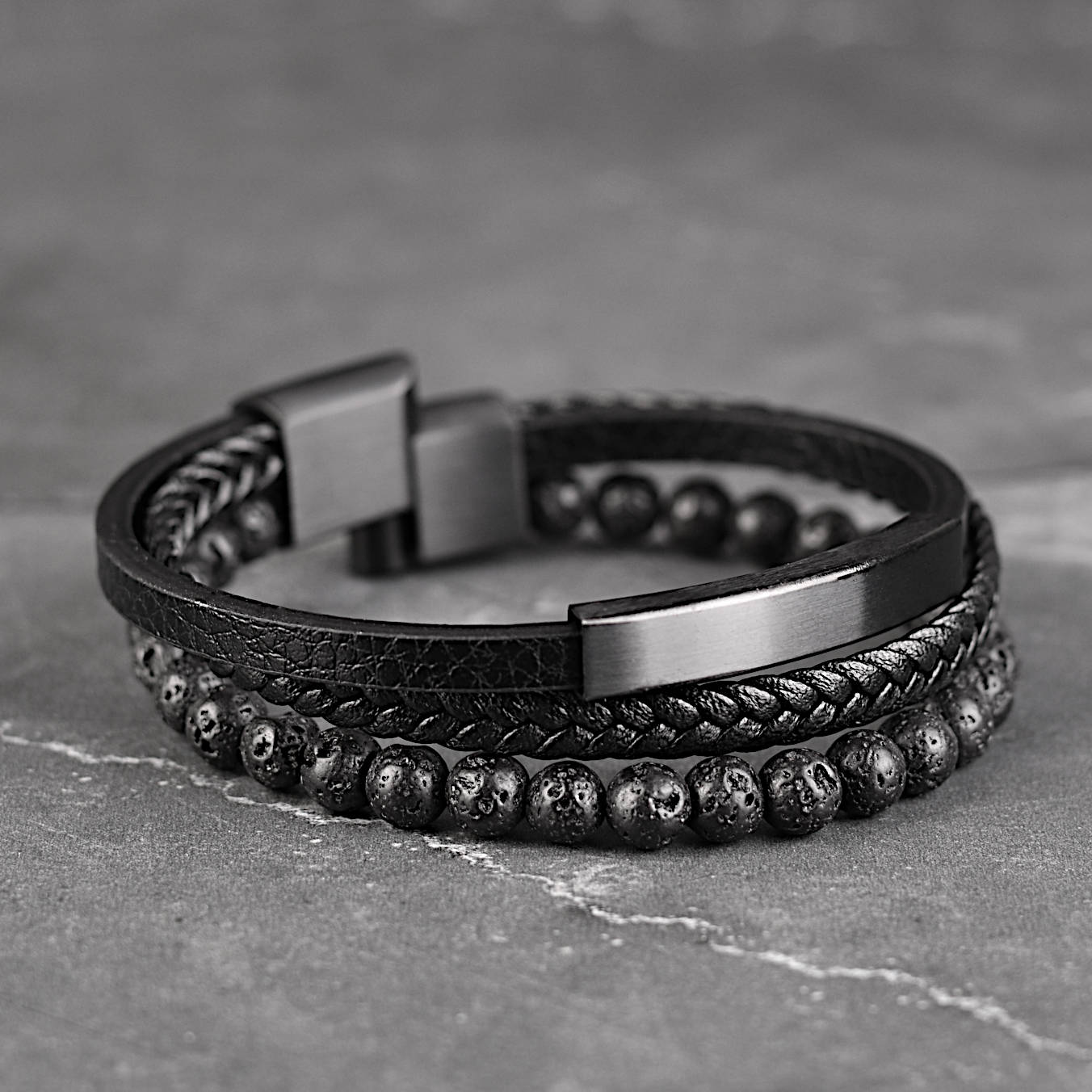 Zane - Multi-layer leather bracelet with lava beads, front side close up