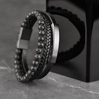 Zane - Multi-layer leather bracelet with lava beads, angle view