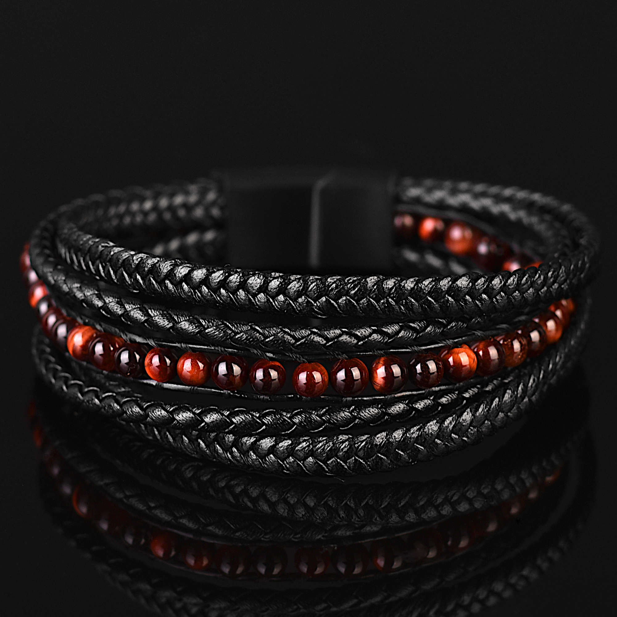 Matt - Multi-layer leather bracelet with red-tiger eye beads & genuine leather cords